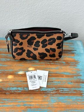 Coach Leopard Print Double Zip Wristlet - Saddle Brown & Black